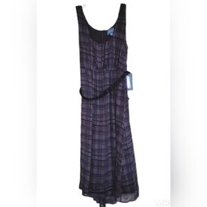 Simply Vera Wang Purple Plaid Chiffon Cap Midi Twirl Belted Dress 14 Lightweight